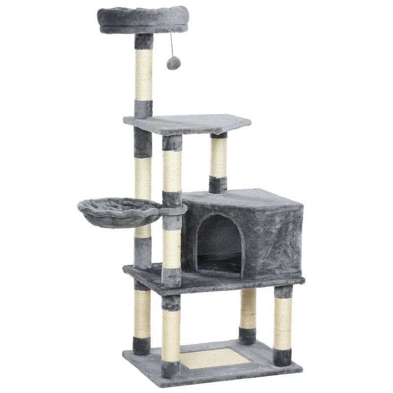 Tiragraffi con Cuccia e Cestino sospeso per Gatti 60x45x134 cm in Peluche Sisal  Grigio