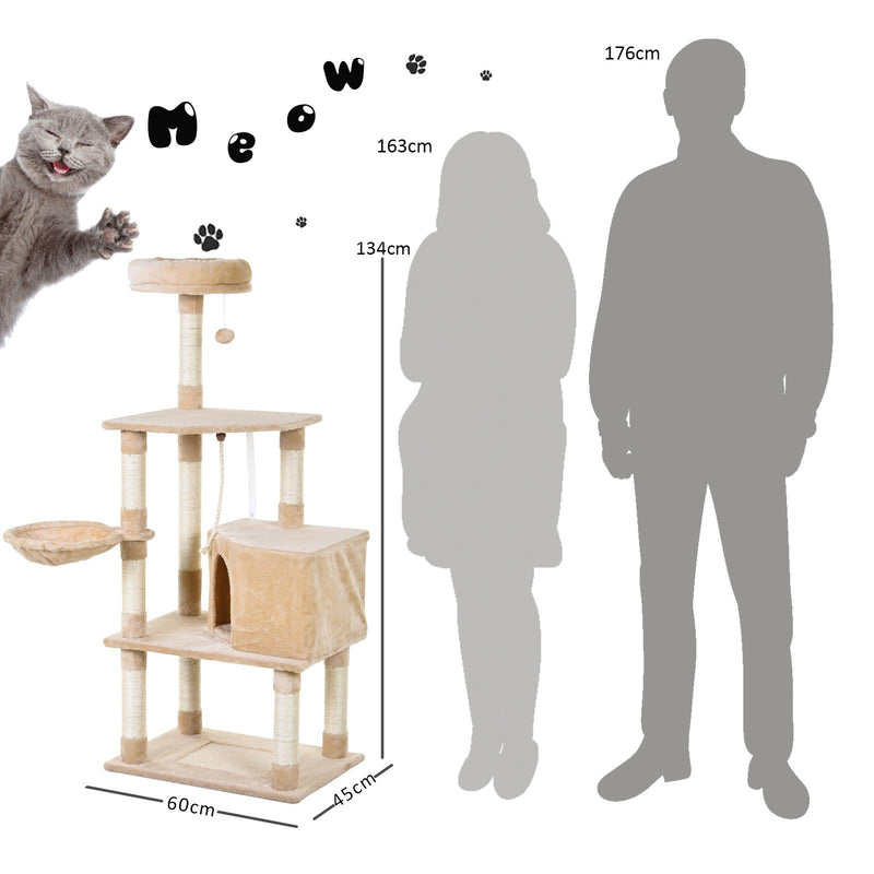 Tiragraffi con Cuccia e Cestino sospeso per Gatti 60x45x134 cm in Peluche Sisal  Beige