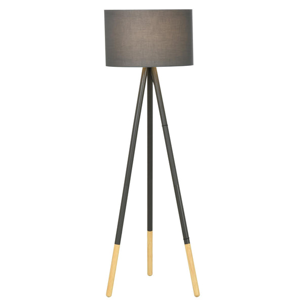 online Tripod Stehlampe aus Holz mit grauem E27 Ø52x153 cm Lampenschirm