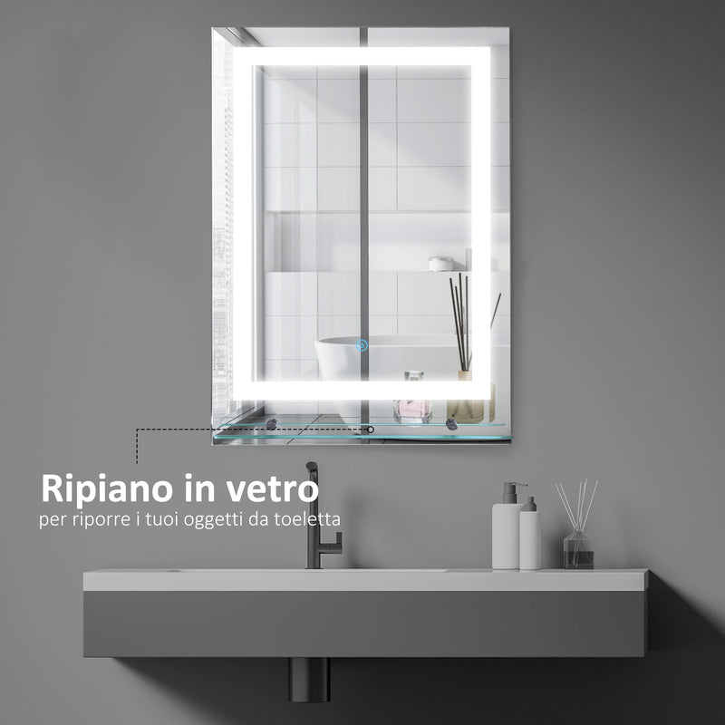 Specchio da Bagno con LED e Mensola in Vetro 70x50 cm 
