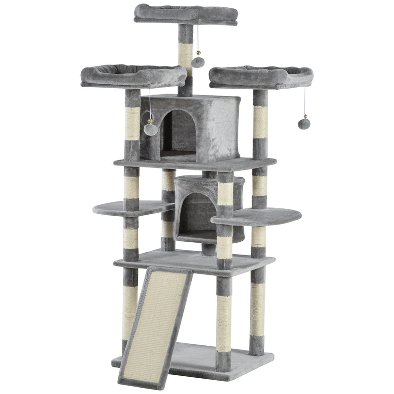 Tiragraffi con 2 Cucce e 2 Casette per Gatti 60x50x168 cm in Peluche Sisal  Grigio