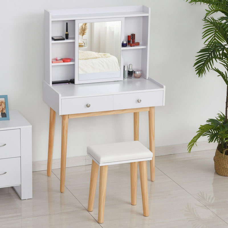 Consolle Trucco 80x40x127 cm con Specchio e Sgabello  Bianca