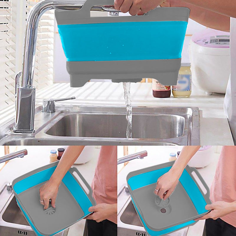 Vaschetta Bacinella Multiuso Pieghevole 30,5x30 cm 9 Litri con Tappo di Scarico in Silicone Blu