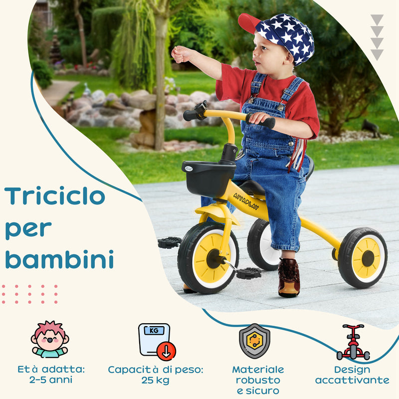 Triciclo per Bambini con Seduta Regolabile 70.5x50x58 cm Struttura in Metallo Giallo  