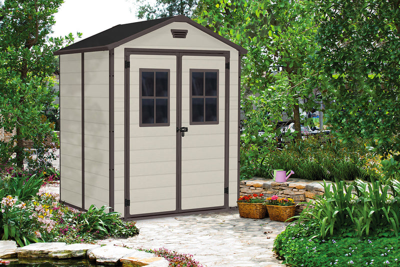 Casetta da Giardino Porta Attrezzi 185x152x226 cm con 2 Finestre in Resina Keter Manor 6x5 Beige