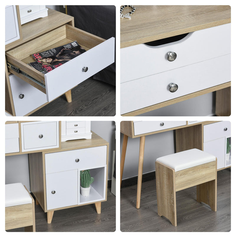 Consolle Trucco 105x45x123 cm con Specchio 4 Cassetti e Sgabello 