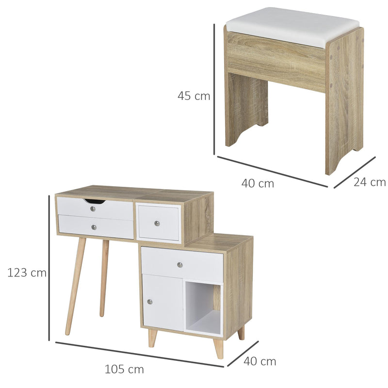 Consolle Trucco 105x45x123 cm con Specchio 4 Cassetti e Sgabello 