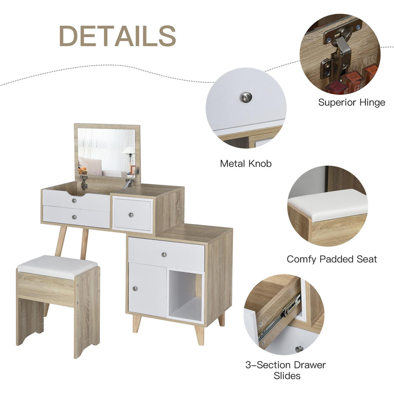 Consolle Trucco 105x45x123 cm con Specchio 4 Cassetti e Sgabello 