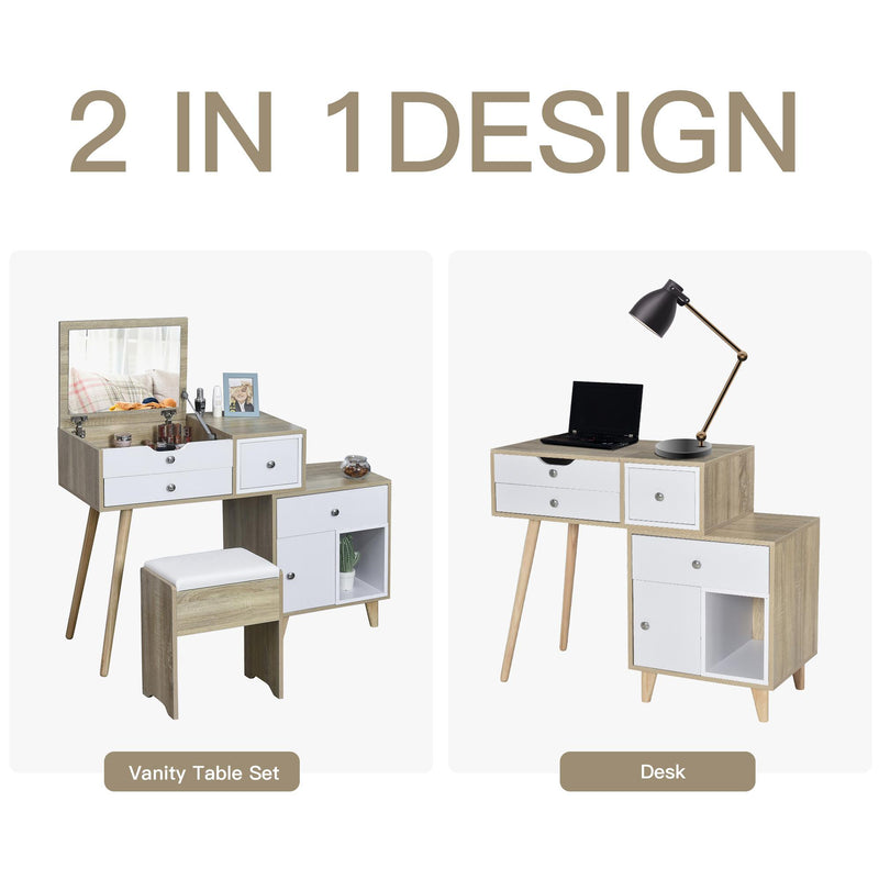 Consolle Trucco 105x45x123 cm con Specchio 4 Cassetti e Sgabello 