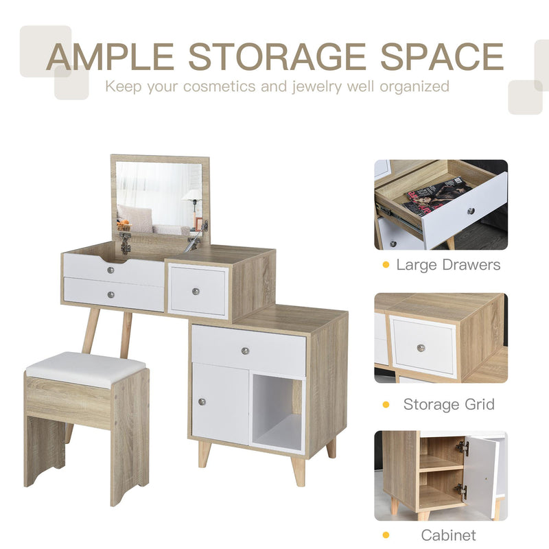 Consolle Trucco 105x45x123 cm con Specchio 4 Cassetti e Sgabello 