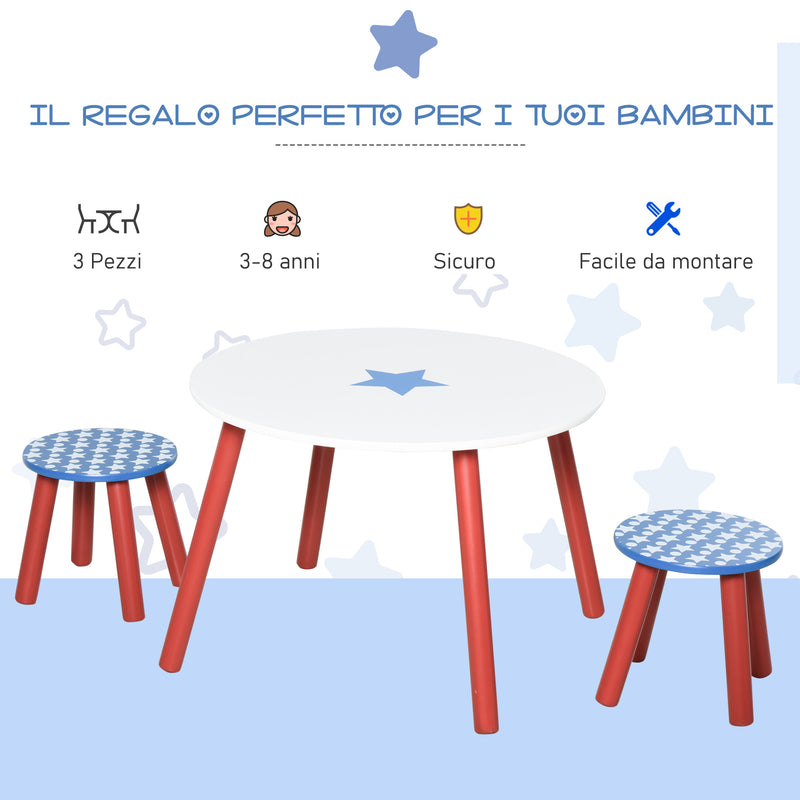 Set Tavolino e 2 Sgabelli per Bambini in Legno 