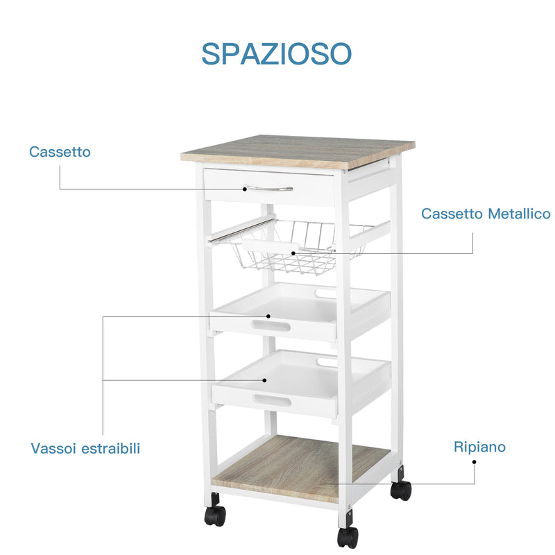 Carrello da Cucina 37x37x82 cm 3 Ripiani 1 Cesta in Legno  Bianco