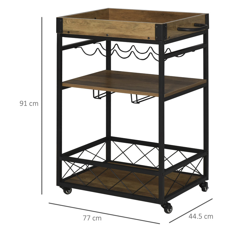 Carrello da Cucina 77x44,5x91 cm 3 Ripiani Portabicchieri e Ruote in Legno e Metallo 