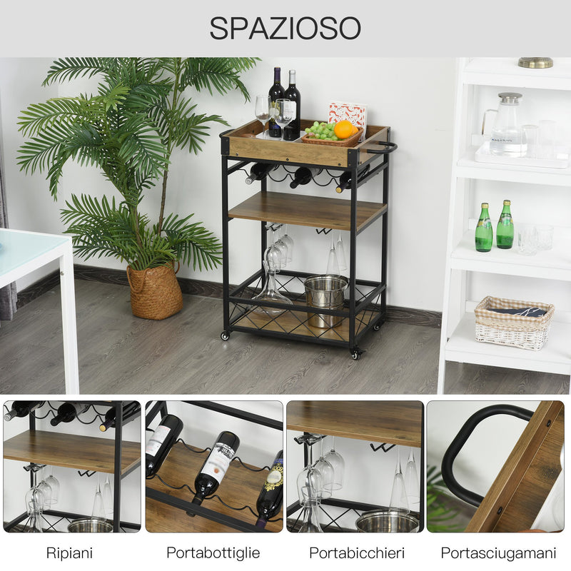 Carrello da Cucina 77x44,5x91 cm 3 Ripiani Portabicchieri e Ruote in Legno e Metallo 