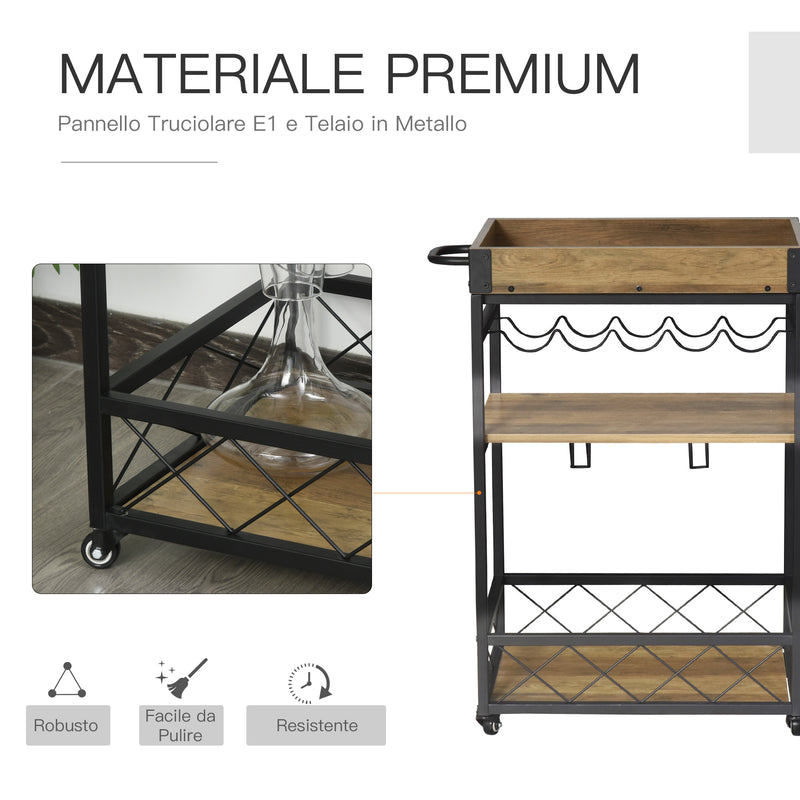 Carrello da Cucina 77x44,5x91 cm 3 Ripiani Portabicchieri e Ruote in Legno e Metallo 