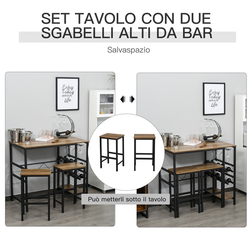 Set Tavolo e 2 Sgabelli Alti con Portabottiglie e Portabicchieri  Nero e Marrone