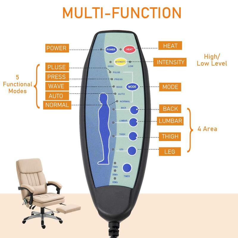 Sedia da Ufficio Presidenziale Massaggiante con Riscaldamento in Similpelle 67x69x106-116 cm  Beige