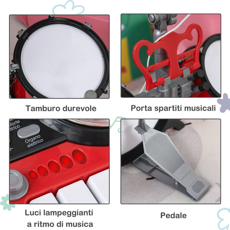 Batteria Musicale Giocattolo per Bambini con Microfono e Tastiera  Rossa