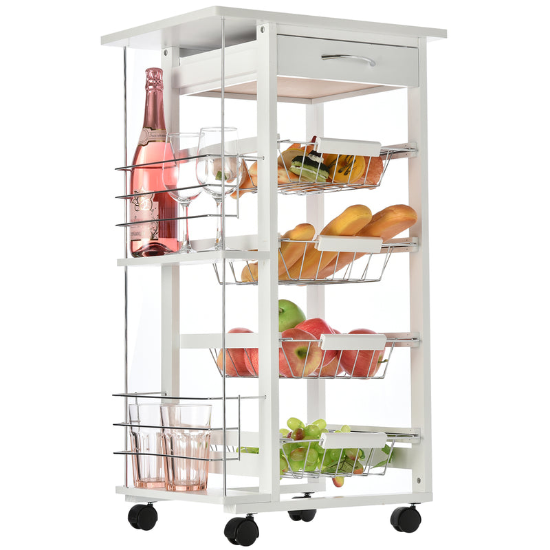 Carrello da Cucina 47x37x83 cm 2 Ripiani 4 Cestelli in Legno MDF  Bianco