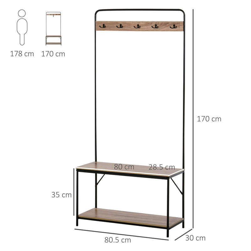 Appendiabiti Panchina per Ingresso con Scarpiera 80,5x30x170 cm in Acciaio e Truciolato  Rovere e Nero