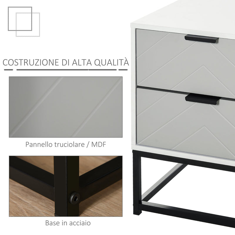 Comodino 39,5x40x48 cm 2 Cassetti in MDF e Acciaio  Bianco e Grigio