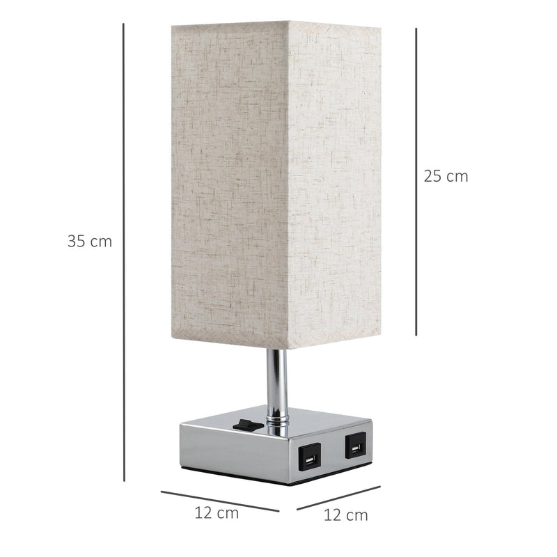 Lampada da Comodino Abat Jour con Paralume in Tessuto e 2 Porte USB E27 12x12x35 cm  Crema