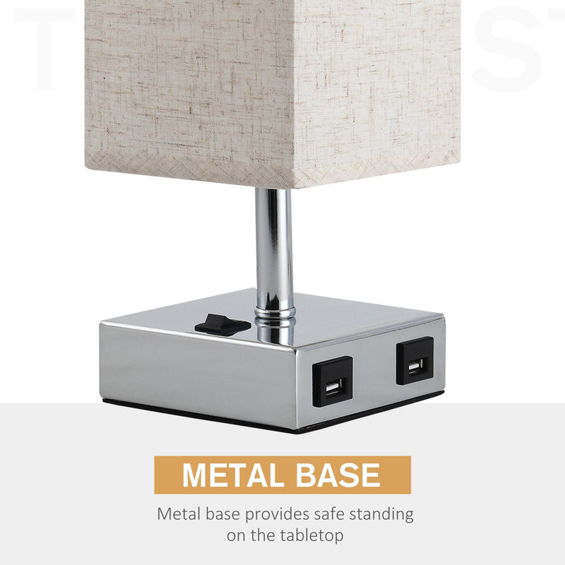 Lampada da Comodino Abat Jour con Paralume in Tessuto e 2 Porte USB E27 12x12x35 cm  Crema