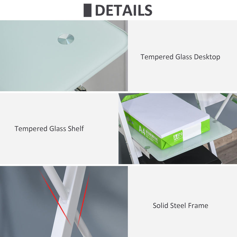 Scrivania da Ufficio Porta PC 116,5x54,5x100 cm con Mensole e Piano in Vetro  Bianca