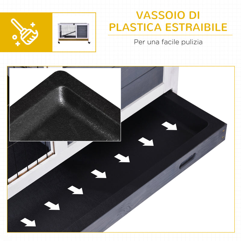 Gabbia per Conigli e Porcellini d'India 90x53x59 cm con Ruote in Legno  Grigia