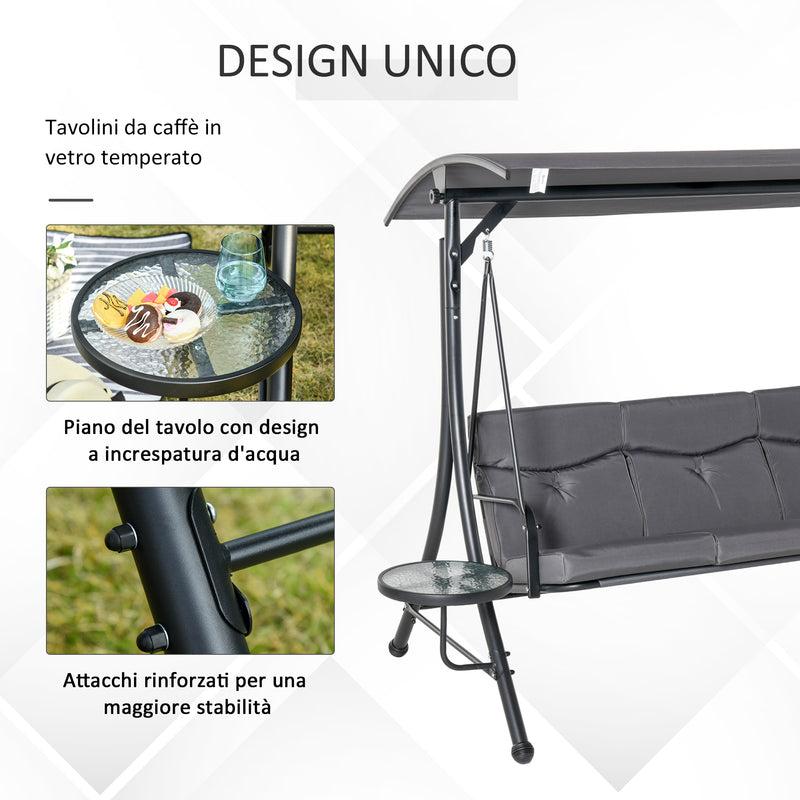 Dondolo da Giardino 3 Posti in Metallo con 2 Tavolini Grigio