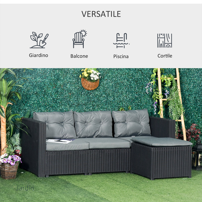 Set da Giardino Divano 3 Posti e Poggiapiedi in Rattan PE Nero e Grigio