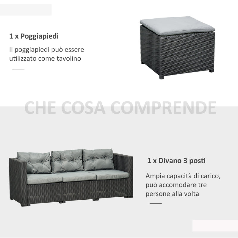 Set da Giardino Divano 3 Posti e Poggiapiedi in Rattan PE Nero e Grigio