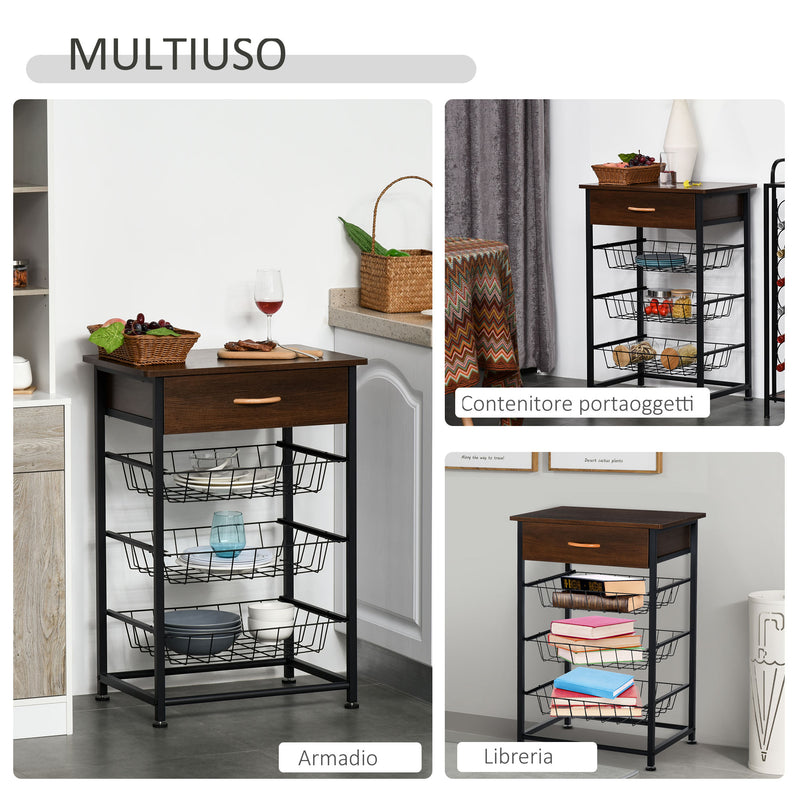 Mobiletto da Cucina 3 Cestelli 1 Cassetto 60x40x86,3 cm in Metallo Marrone e Nero