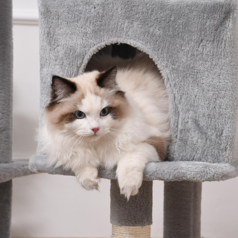 Albero Tiragraffi per Gatti 60x50x165 cm in Peluche e Corda Sisal Grigio e Beige