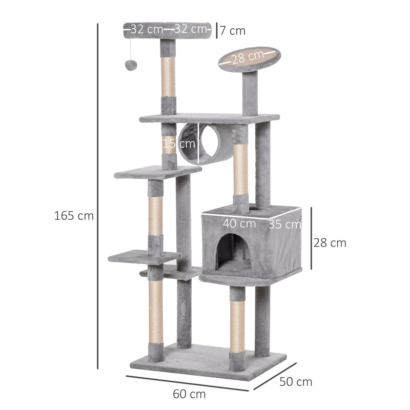 Albero Tiragraffi per Gatti 60x50x165 cm in Peluche e Corda Sisal Grigio e Beige