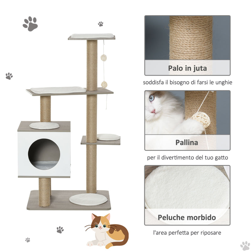 Albero Tiragraffi per Gatti 60x48x122 cm in MDF e Corda di Juta Grigio Chiaro