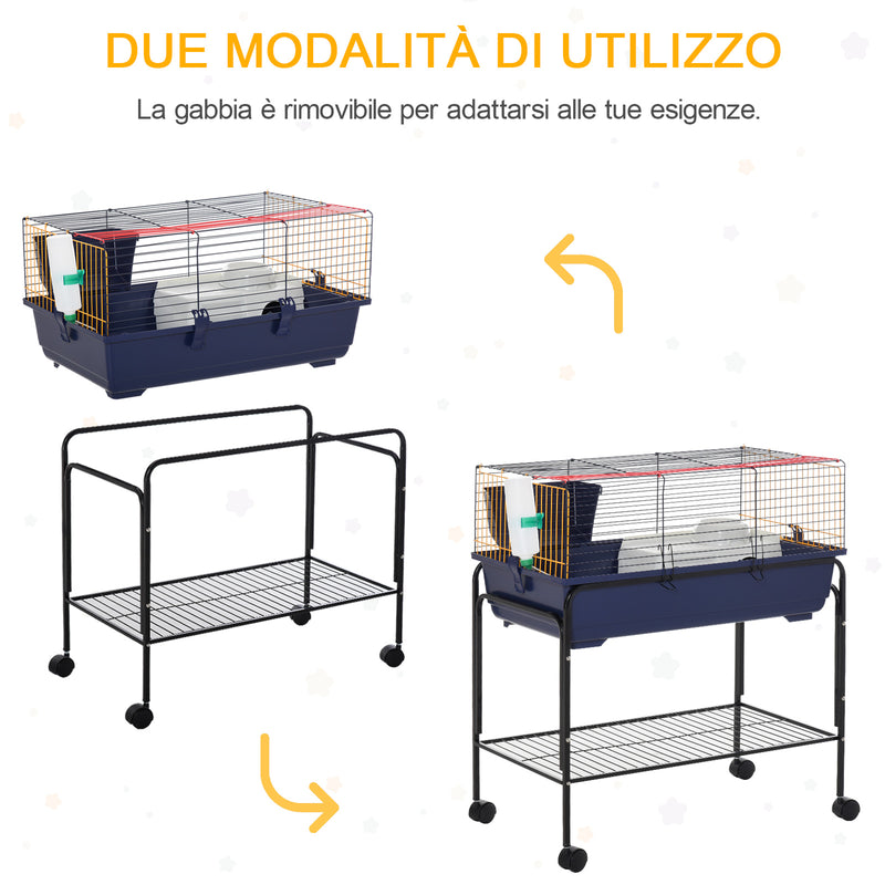 Gabbia per Conigli con Carrello 78x44x91 cm in Metallo Blu e Nero