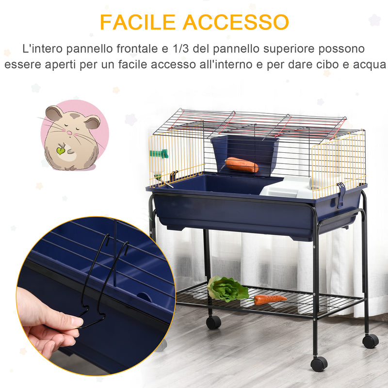 Gabbia per Conigli con Carrello 78x44x91 cm in Metallo Blu e Nero
