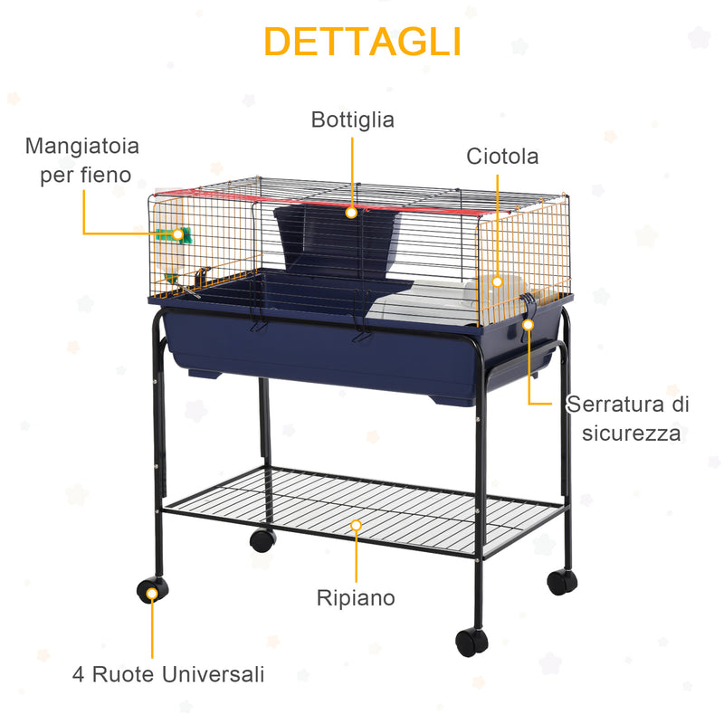 Gabbia per Conigli con Carrello 78x44x91 cm in Metallo Blu e Nero