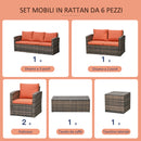 Set Salotto da Giardino 2 Divani 2 Poltrone Tavolino e Contenitore in Rattan Marrone e Arancione