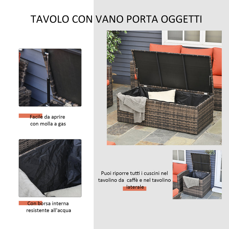 Set Salotto da Giardino 2 Divani 2 Poltrone Tavolino e Contenitore in Rattan Marrone e Arancione