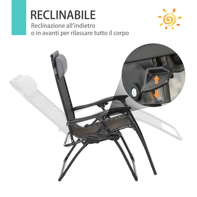 Sedia Sdraio Zero Gravity Reclinabile Pieghevole con Vassoio in Rattan e Acciaio Grigia