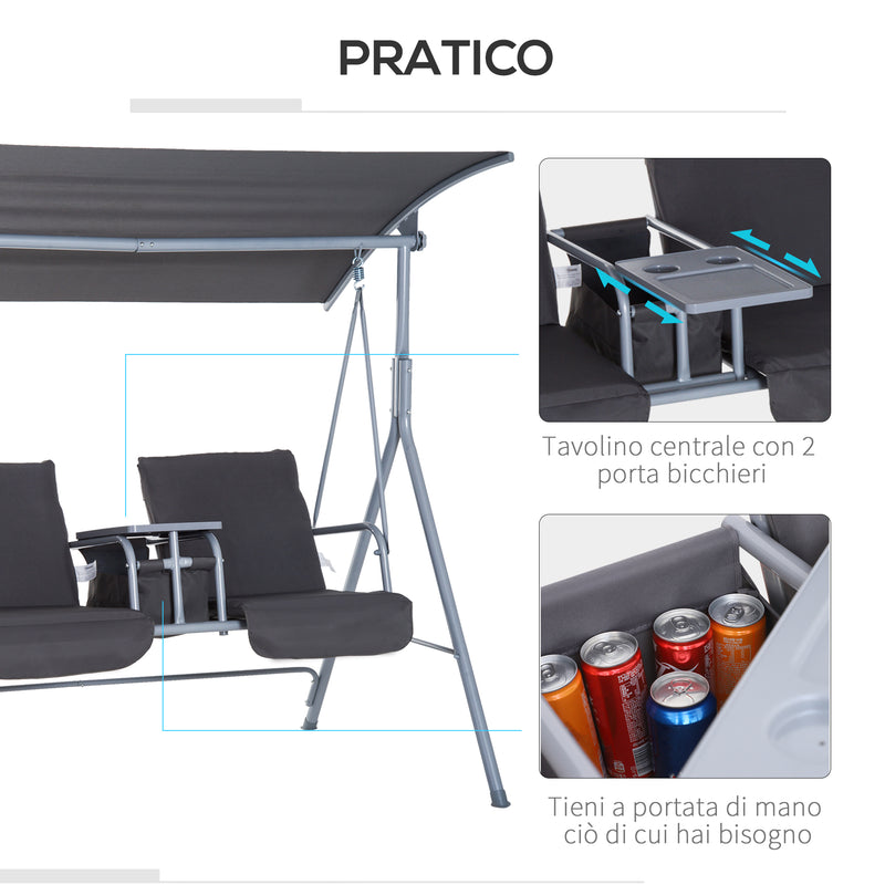 Dondolo 2 Posti da Giardino 175x112x165 cm con Tavolino Tessuto Oxford Grigio