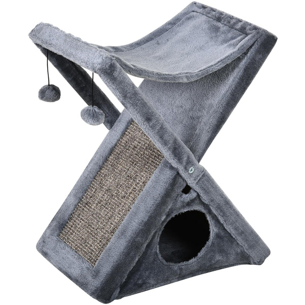 sconto Faltbarer Katzenkratzbaum 54,5x32x65 cm mit grauem Plüschhaus