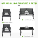 Set Salotto da Giardino Divano 2 Poltrone e Tavolino in Metallo e Textilene Nero