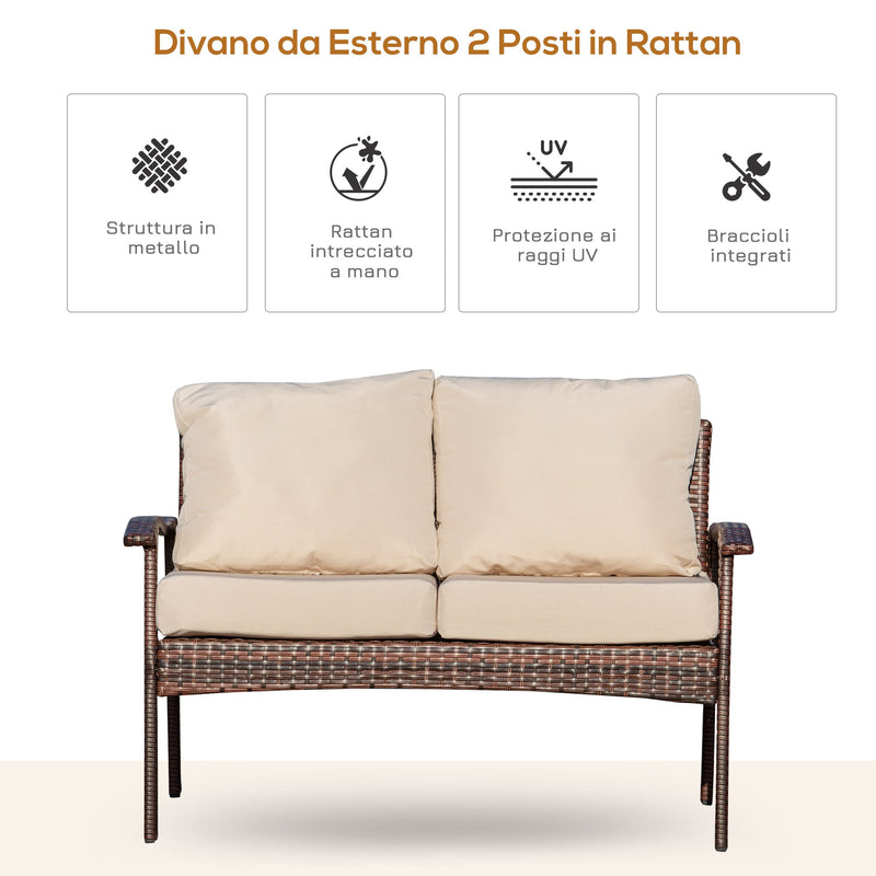 Divano 2 Posti da Giardino 120x63x77 cm in Rattan con Cuscini Marrone e Cachi