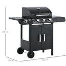 Barbecue a Gas GPL  3 Fuochi 2,8kW con Fornello Laterale Nero