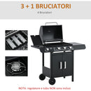 Barbecue a Gas GPL  3 Fuochi 2,8kW con Fornello Laterale Nero