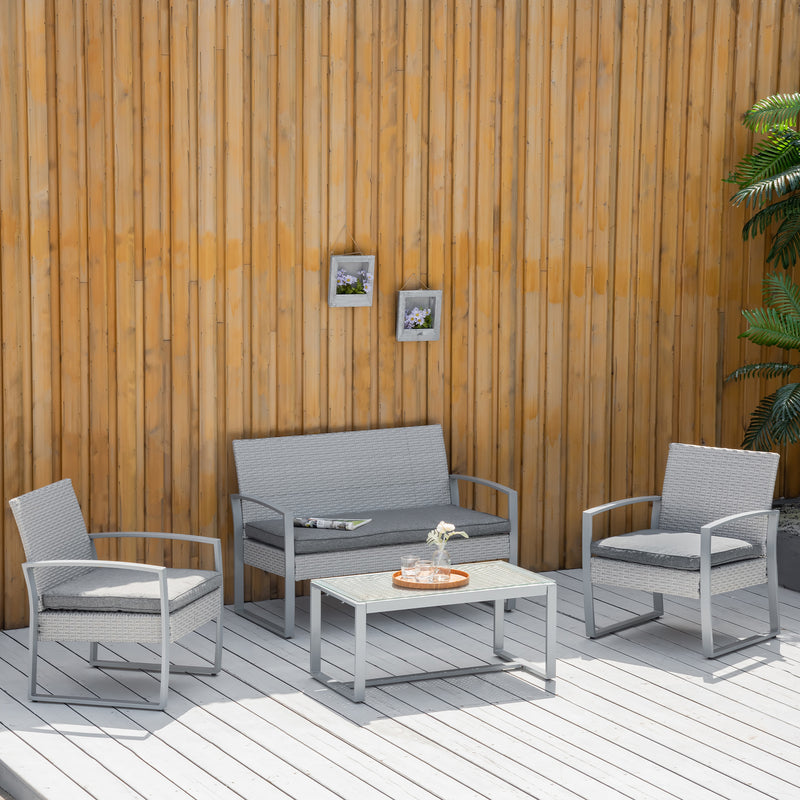 Set Salotto da Giardino Divano 2 Poltrone e Tavolino in Metallo e Rattan Grigio