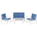 Set Salotto da Giardino Divano 2 Poltrone e Tavolino in Metallo Bianco e Blu